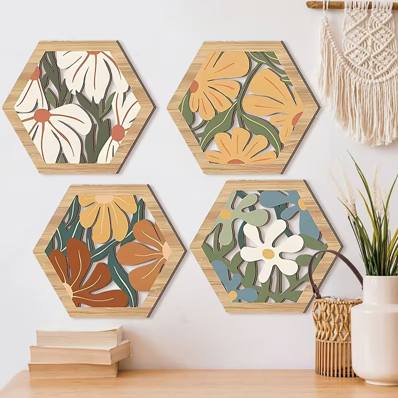 4개의 보헤미안 스타일 꽃무늬 육각형 나무 벽 장식 ( - Xfasten Woodworking Tape 리뷰 및 가격